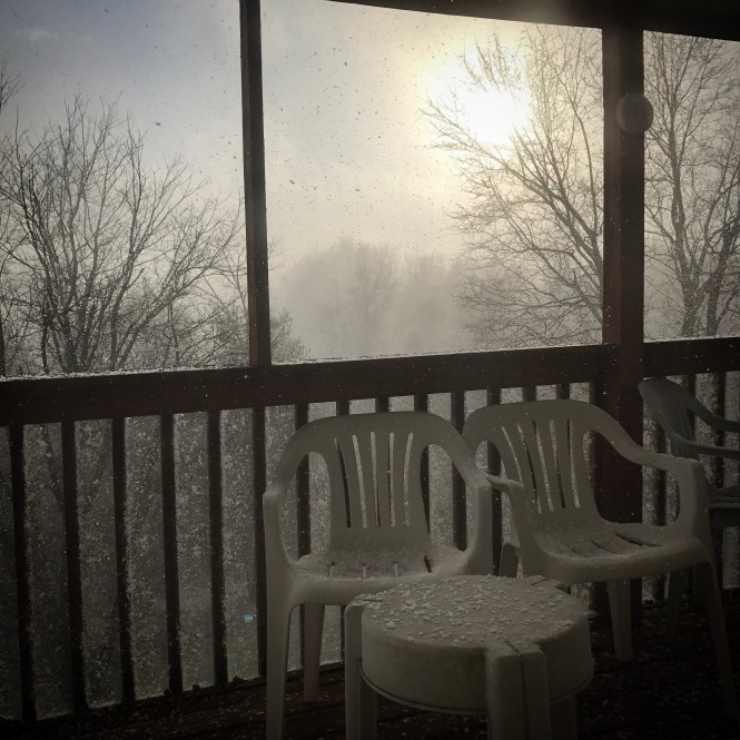 Porch chairs go unused in the midst of a snow squall. while the sun shines through the branches of a tree.